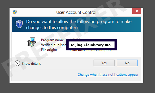 Screenshot where Beijing CloudStory Inc. appears as the verified publisher in the UAC dialog